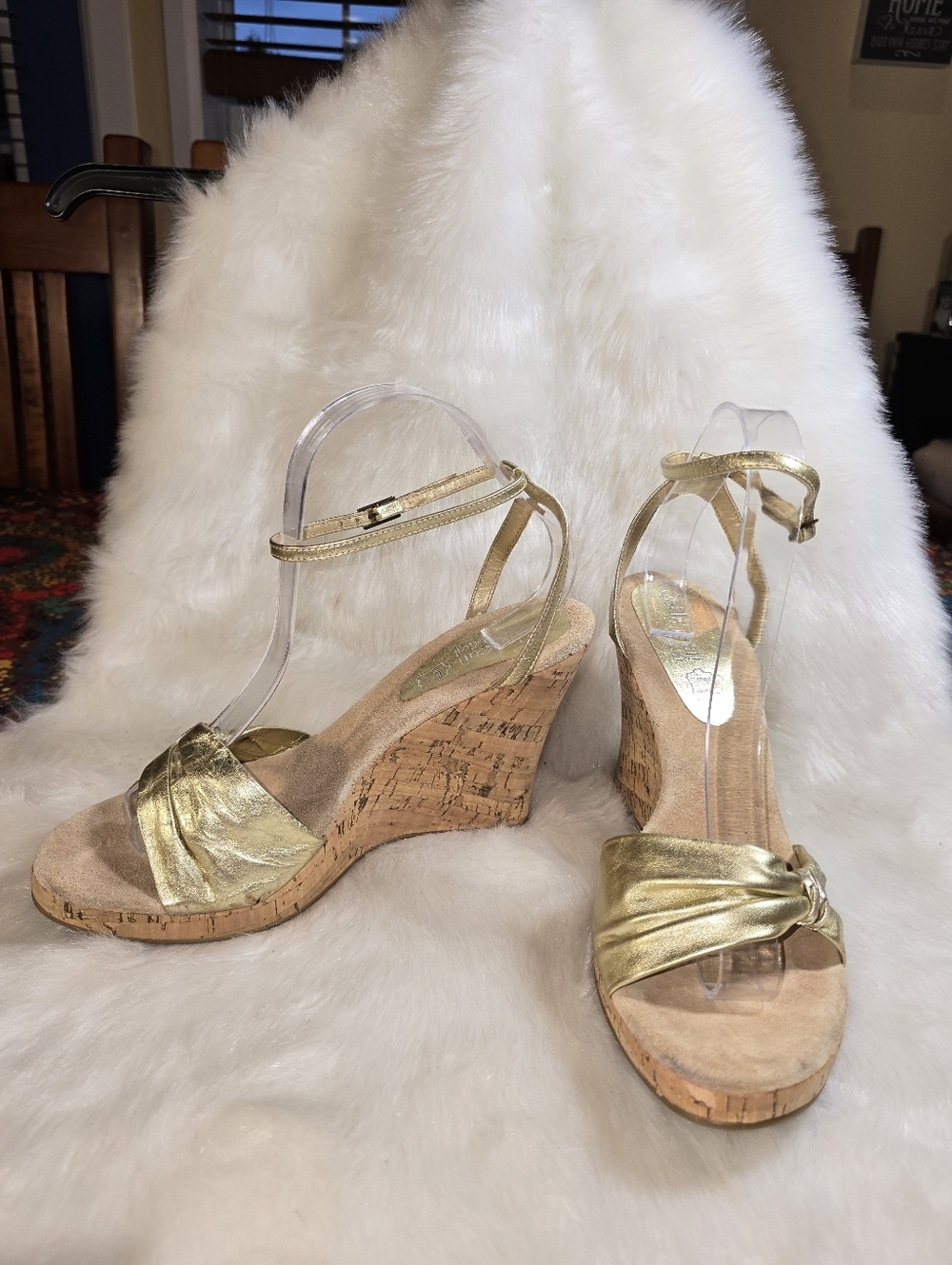Cathy Jean Twisted Golden Leather Cork-wrappwd Wedge Sandals with Ankle Strap
